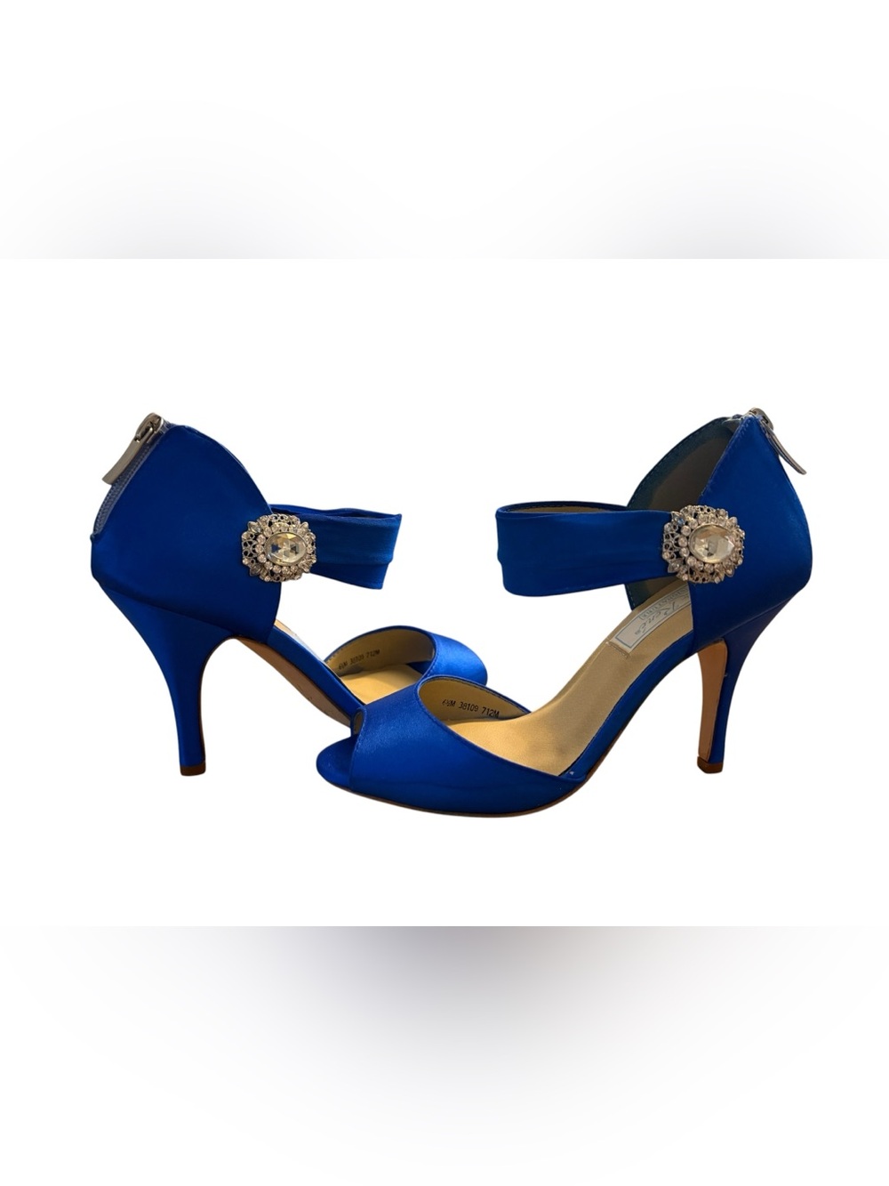 Liz Rene Genevieve Cobalt Satin Open-Toe Heels with Jeweled Ankle Strap
